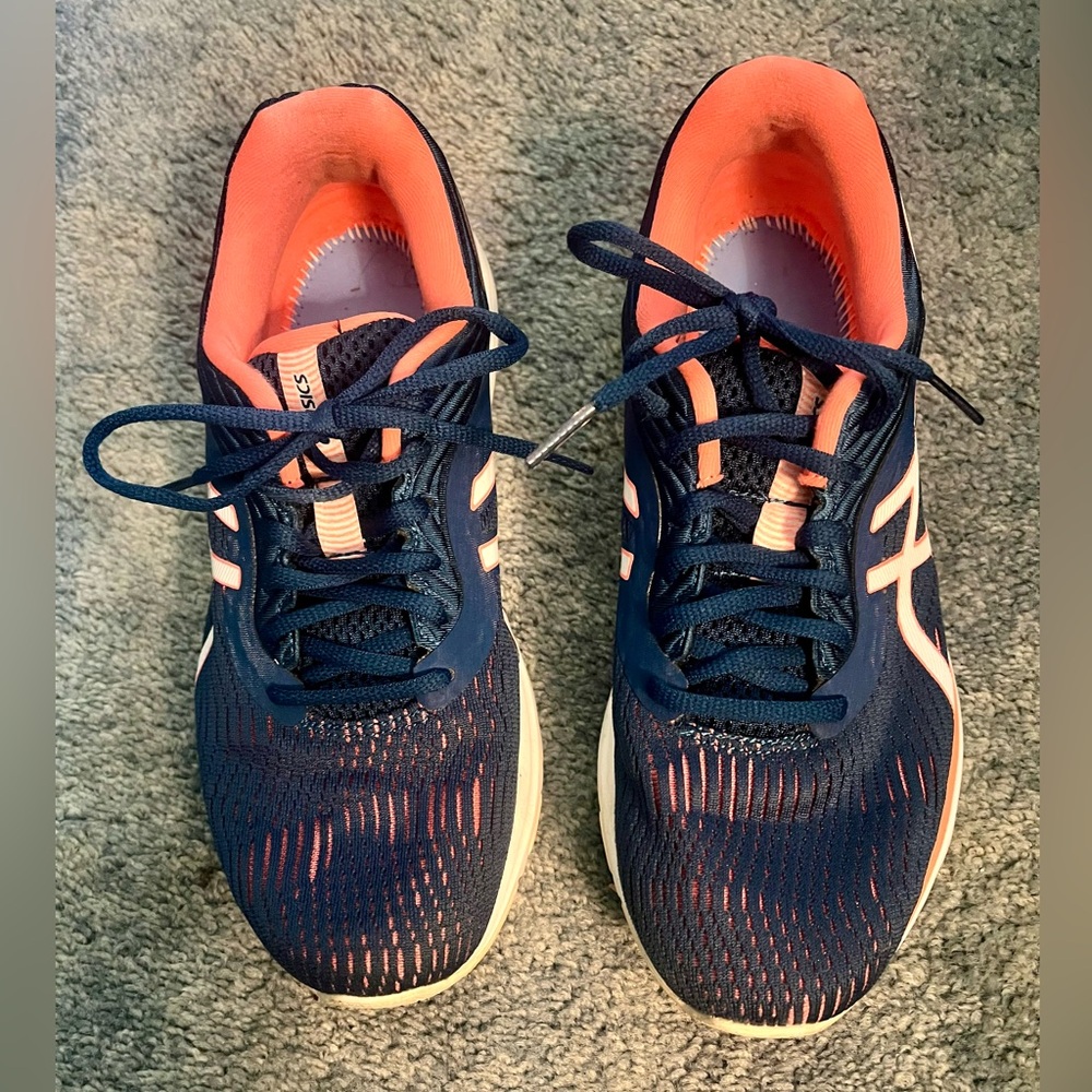 ASICS women’s size 8 dark blue and coral running/athletic shoes. Gel-Pulse 11.